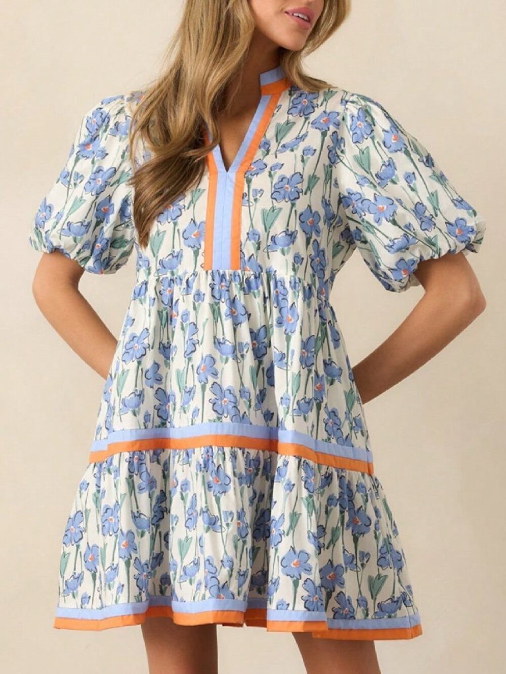 Baby Blue Cute Women's V Neck Puff Sleeve Mini Dress - Picture 4 of 4